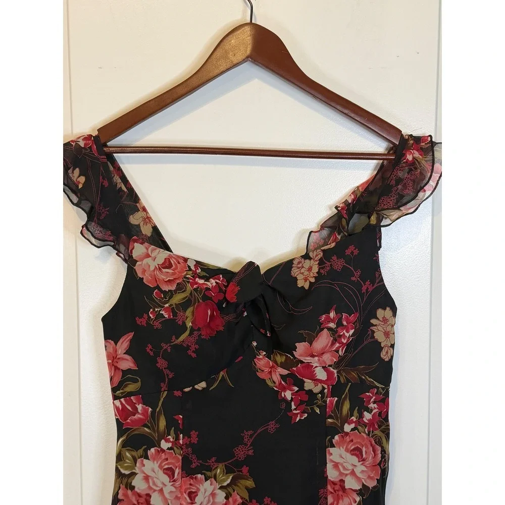 Vintage Madison Leigh Y2K Romantic Black Floral Ruffle Sleeve Midi Dress Size 10 - Picture 4 of 9